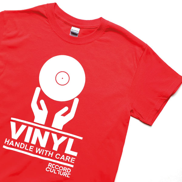 Vinyl Handle With Care tshirt white on red
